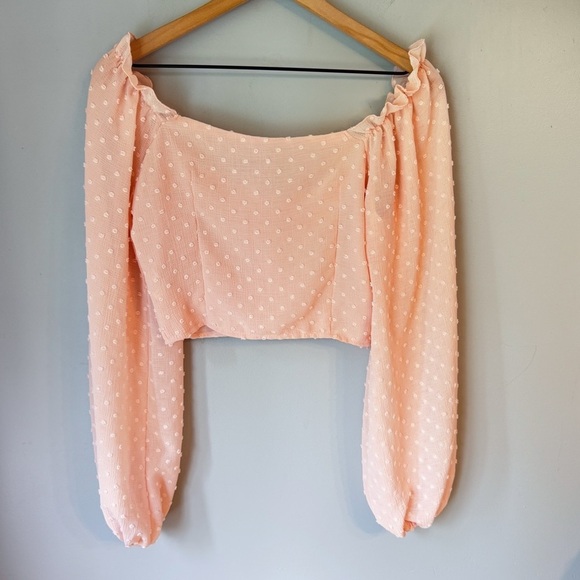 Pretty Little Thing Petal Pink Puff Sleeve Coquette Cropped Sheer Blouse Size 4 - Picture 3 of 4